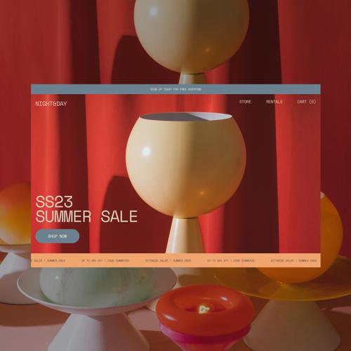 An ecommerce website showcasing a beige lighting fixture sculpture with a red curtain-like background, featuring a 'Shop Now' button and sale highlights.