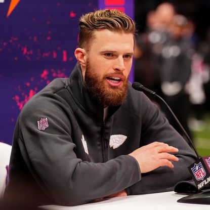 Kansas City Chiefs NFL player Harrison Butker giving a press conference