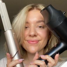 Shark-hairdryer-beauty-editor-holding-shark-tools